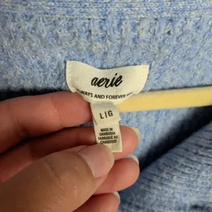 AERIE Blue V-Neck Collared Textured Oversize Sweater Drop Shoulder Women's Large thumbnail 3