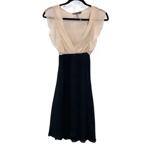 NWT ANM Colorblock Dress Small Black Beige Chiffon V-Neck‎ Ruffle Sleeve Midi thumbnail 2