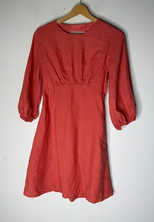BANANA REPUBLIC dress lisa 2 open‎ back linen short coral casual puff sleeve 0 thumbnail 1