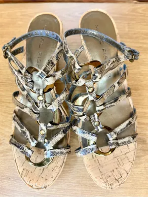 Marc Fisher Snake Skin Faux Leather Strappy Wedge Sandals Women US 8 Gold Rings thumbnail 2