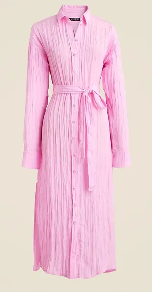 J.Crew Crinkle Belted Button-Up Maxi‎ Shirt Dress S Pink Long Sleeve Side Slit thumbnail 1