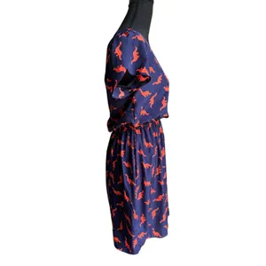 Peach Love California Dinosaur Print Dress Small Navy Orange Puff Sleeve Mini thumbnail 9