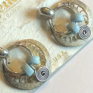 Aged Silver Tone Hoop Earrings with Light Blue Beads thumbnail 8