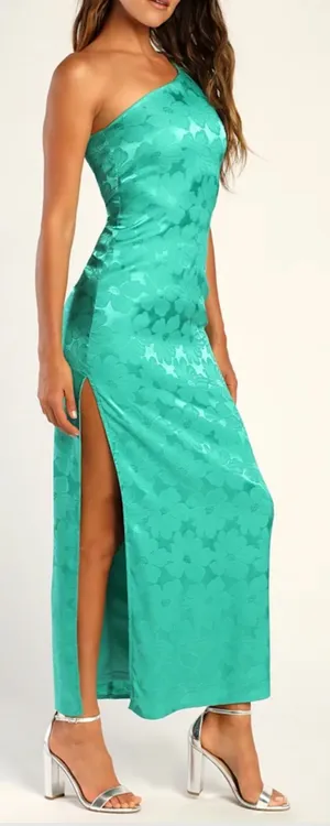 Lulu’s Chasing Desire Teal Green Satin Jacquard One-Shoulder Maxi Dress thumbnail 1