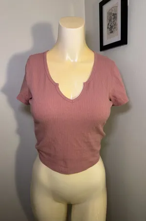 Bozzolo Women’s Large Dusty Rose Ribbed Crop Top V-Neck Stretch Short Sleeve thumbnail 1