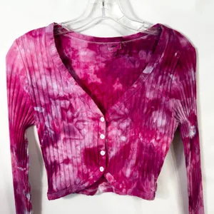 Aerie Medium Crop Top Handmade Tie Dye Long Sleeve‎ Hot Pink Knit Preppy 1025 thumbnail 4