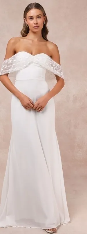 LULU's Bridal Wedding Floral Embroidered Off the Shoulder Elegant Mermaid Gown thumbnail 1