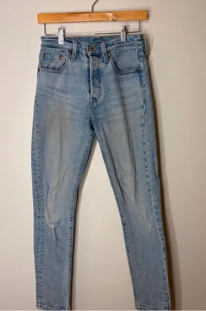 Levi's Premium 501s Skinny Jeans 26” Light Wash Denim Distressed Button Big E thumbnail 1
