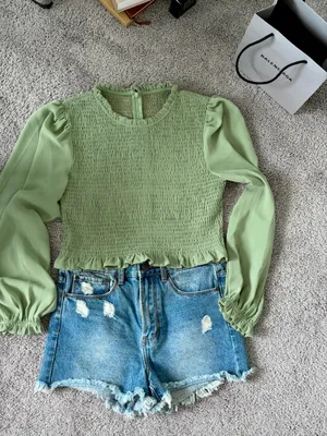 Sage Green Smocked Puff Long Sleeve Crop Top Ruffle Trim Casual Blouse thumbnail 3