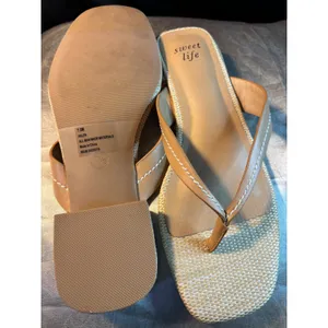 Sweet Life Helen Tan Woven Raffia Block Heel Thong Sandals Square Toe 7.5M thumbnail 7