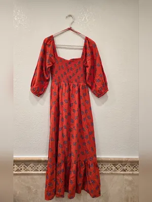 Red Floral Cotton Linen Dress S thumbnail 4