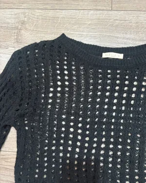 Black Crochet Open Knit Cropped Bell Sleeve Sweater S thumbnail 2