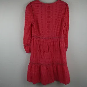 J Crew Coral‎ Eyelet Dress Long Sleeve Tiered Ruffle Mini Size 0 Preppy thumbnail 6