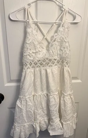SHEIN White Lace Crochet Tiered Mini Dress Cottagecore Boho thumbnail 1
