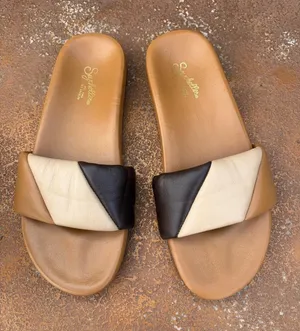 Seychelles tan & brown bubble color block leather sandal slides Sz 8 #eurosummer #vacation #bobo thumbnail 1