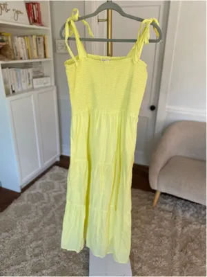 For The Republic Maxi Dress Neon Lemon Yellow Smocked‎ Cotton Resort Coastal L thumbnail 2