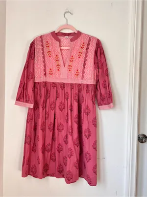 Pink Floral Midi Dress Women's Small Cottagecore Boho V-Neck Summer thumbnail 2