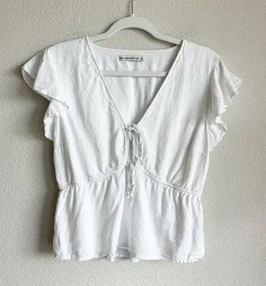 Linen Blend Top Size Medium Ruffle Sleeve White Size Medium thumbnail 1