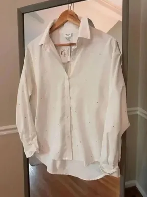 Lelis White Silver Sequin Button Down Shirt Extra Small Long Sleeve Size XS thumbnail 1