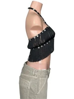 JADED LONDON Asha Fringed Button Crossover Top, Black, XS thumbnail 6