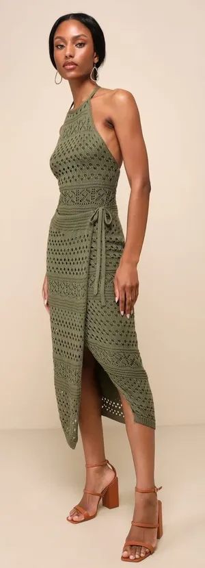 Lulus Green Crochet Knit Tie Halter Neck Wrap Midi Dress Sleeveless Small NWT thumbnail 1