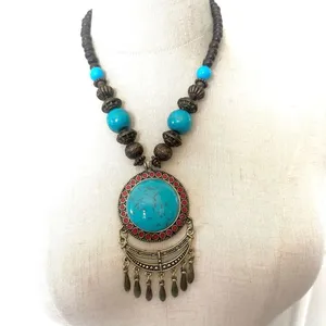 Turquoise blue and brown boho pendant necklace thumbnail 1