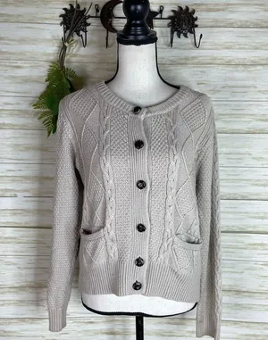 Fenn Wright Manson Oatmeal Neutral Tan Cable Knit Wool Blend Button Cardigan thumbnail 2