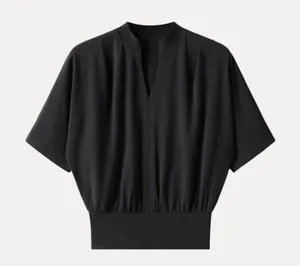 OGL Stand Collar V-Neck Short Sleeve Black Top Women's Size Medium NEW thumbnail 1