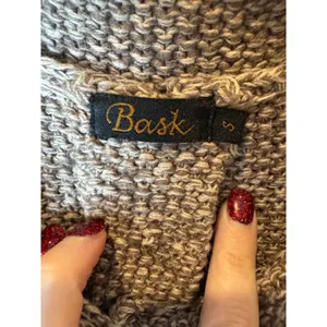 Bask Sweater Women Small Brown Ivory Knit Collared Snap Long Line Cardigan‎ thumbnail 7