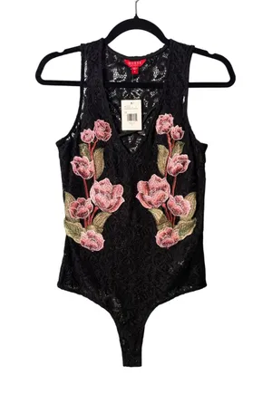GUESS Womens Kassandra Lace Bodysuit S Black Rose Applique Floral Romantic thumbnail 1