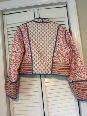 Cropped Pink and Blue Reversable Printed Quilted Jacket thumbnail 2