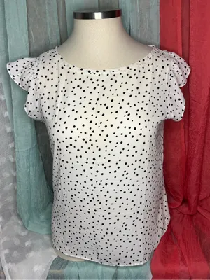 LOFT White Blouse with Black Polka Dots and Flutter Sleeves thumbnail 1