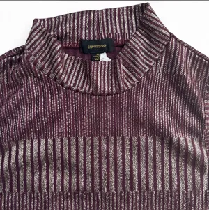 Espresso burgundy - violet mesh sleeveless mock neck top with shimmery gold stripes thumbnail 3