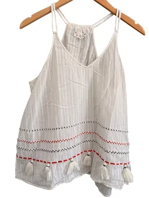 Lou & Grey‎ Tank Top Womens Medium White Cotton Gauze Embroidered Tassel Boho thumbnail 1