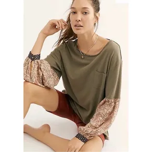 Free People We The Free Jade Top‎ Women Medium Army Boho Paisley Mixed Media Tee thumbnail 3