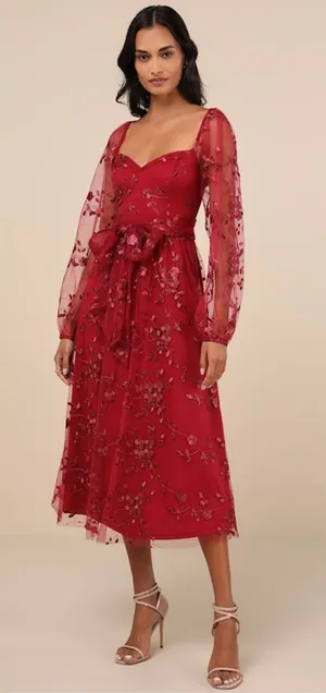 Lulu's Darling Charisma Wine Red Mesh Embroidered Midi Dress thumbnail 1