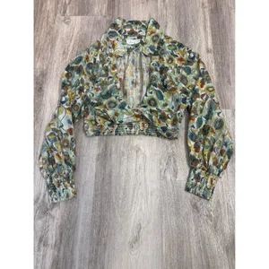 Anthropologie Floral Twist Front Crop Top Balloon Sleeve Smocked Womens Medium thumbnail 2