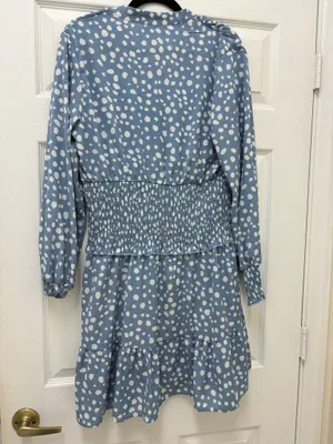 Pretty Garden blue with white polka dot long sleeves dress in size L thumbnail 2