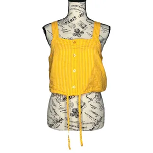 A New Day (M) Striped Button Detail Linen Blend Front Tie Crop Top Tank Shirt thumbnail 6