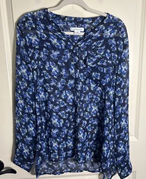 Liz Claiborne Long‎ Sleeve Blouse XL Blue Sheer Floral Button Top Cottagecore thumbnail 1
