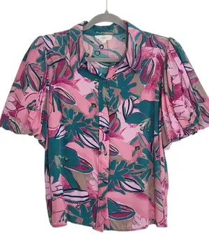 Entro Pink and Teal Green Tropical Print Puffy Sleeve Blouse Size Large thumbnail 1