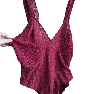Vintage Movie Star Lace Bodysuit L Burgundy Womens V-Neck Lingerie USA Made thumbnail 3