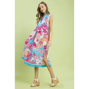 Umgee Floral Sleeveless Midi Dress with Side Pockets - Blue - Small thumbnail 3