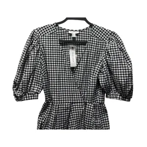 Topshop Black & White Gingham Puff Sleeve Wrap Mini Dress Size 6 thumbnail 4