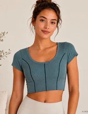 OFFLINE by Aerie Seamless Ribbed Crop Top Women's M Short Sleeve Green Workout thumbnail 1