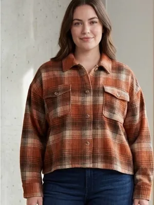 Easel Los Angeles Plaid Women’s size L Cropped Flannel Shirt Shacket (A616) thumbnail 1