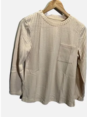 Unbranded Ribbed Knit Top Womens Medium‎ Beige Long Sleeve Pocket Casual Basic thumbnail 1