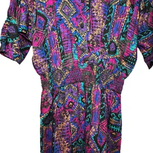 VTG En Focus Geometric Jumpsuit Purple L Rayon Southwestern Boho 90s USA Made thumbnail 5