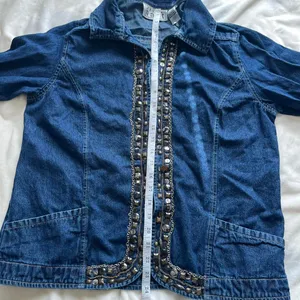 Vintage Y2K boho blue denim lightweight jacket with beaded & chain details large thumbnail 8