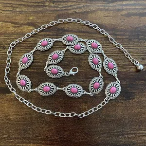 Silver Y2K Pink Stone Concho Waist Chain Belt, Fits 24.5-42.5 Inches, X7GA1298 thumbnail 6